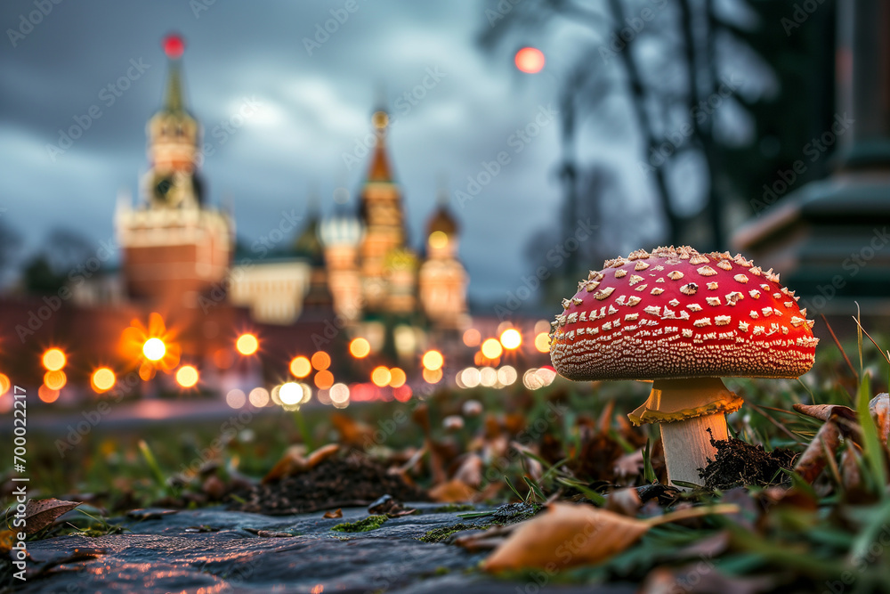 Red fly agaric mushroom (Amanita muscaria) in Moscow, Russia against the background of the Kremlin and St. Basil's Cathedral. Mushrooms in the night city