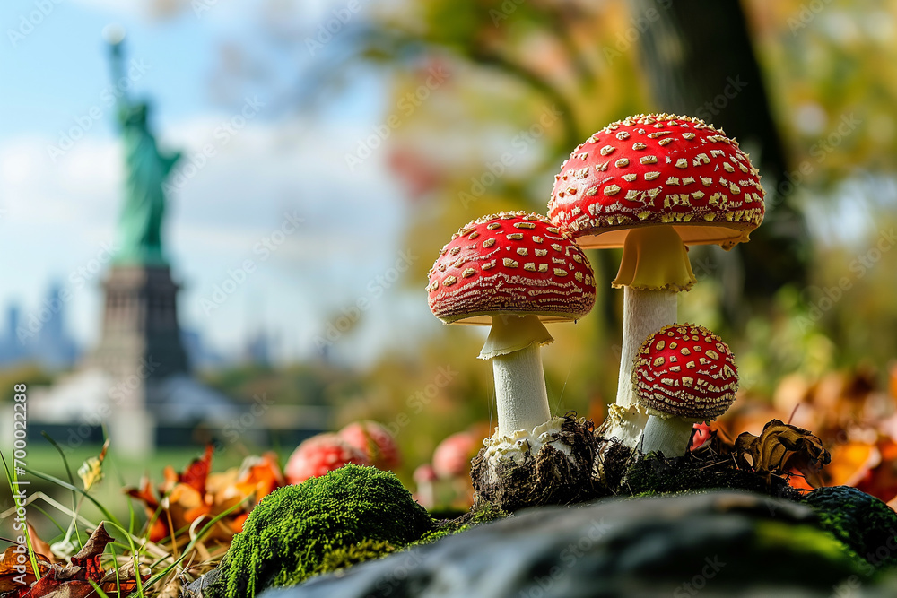 Red fly agaric mushrooms (Amanita muscaria) in New York City, USA on the background of the Statue of Liberty. Mushrooms in the city