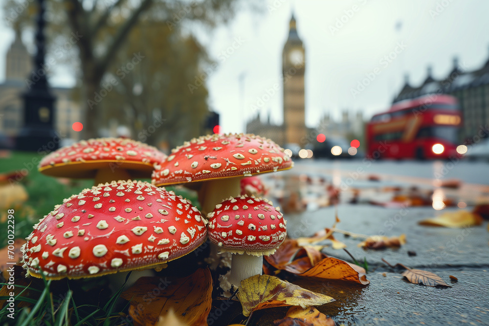 Red fly agaric mushrooms (Amanita muscaria) in London, England against the background of the Elizabeth Tower. Mushrooms in the city
