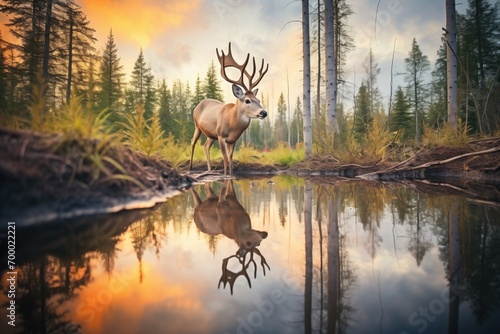 reflection of elk in a calm forest pond at sunset