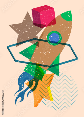 Risograph Rocketship with geometric shapes. Objects in trendy riso graph print texture style design with geometry elements.