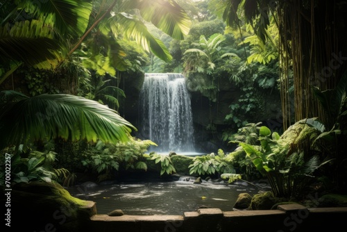 Exotic greenery framing a serene waterfall in the heart of a tropical paradise, Generative AI