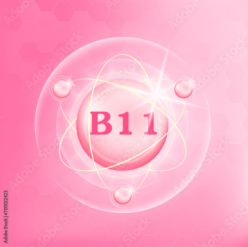 Vitamin B11 icon structure light pink substance. Medicine health symbol of thiamine. Drug business concept. Vector Illustration. 3D Vitamin complex with chemical formula. Personal care, beauty concept
