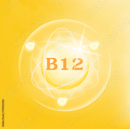 Vitamin ฺB12 icon structure yellow substance. 3D Vector Illustration. Medicine health symbol of thiamine. Drug business concept. Vitamin complex with chemical formula. Personal care, beauty concept.	