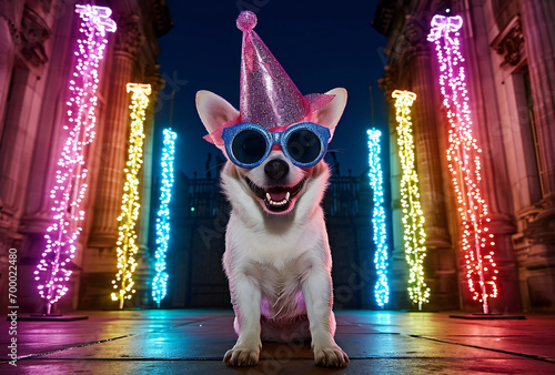 A whimsical dog, sporting a birthday hat and sunglasses, joyfully arrives at the party door photo