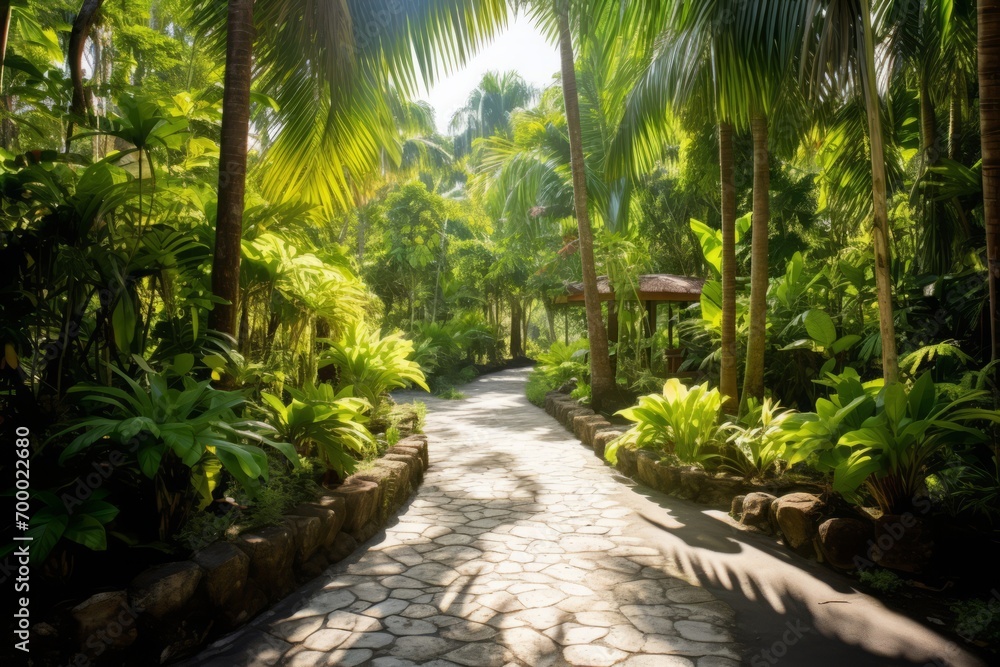 Sun-dappled pathway through a tropical garden filled with various shades of green, Generative AI