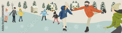 ウィンタースポーツ（屋外でスケートを楽しむ人々）のイラスト　バナーサイズ