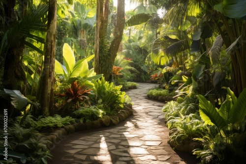 Sun-dappled pathway through a tropical garden filled with various shades of green, Generative AI