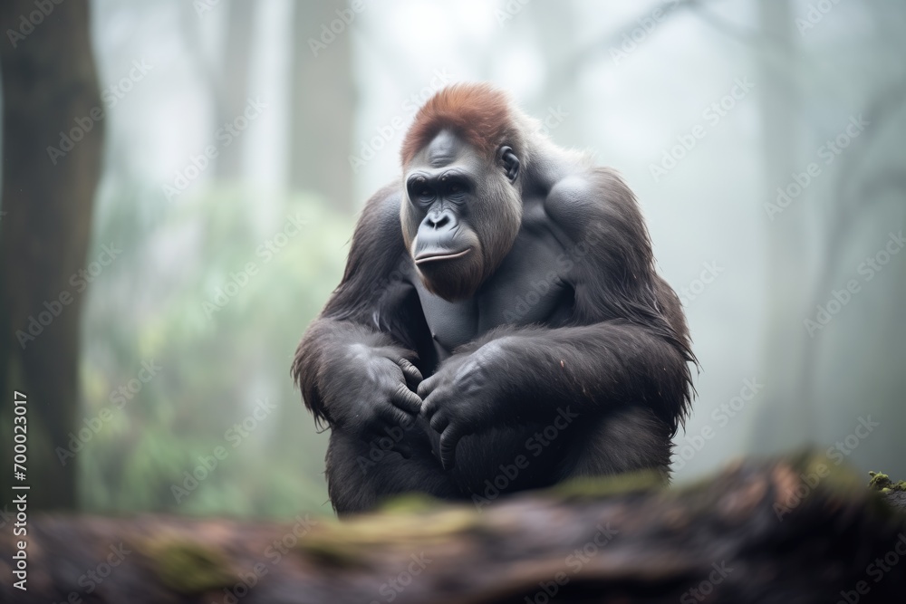 Obraz premium gorilla sitting pensively in a foggy forest scene