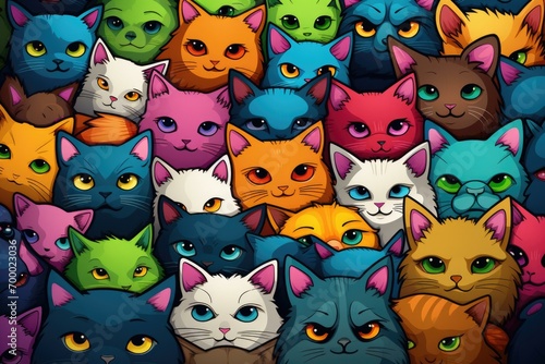 A vibrant collection of cute cartoon cats in various colors, packed together with expressions ranging from curious to content. Generative AI.