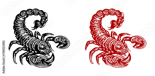 scorpion (black & red) - tattoo, logo, silhouette with ethnic design