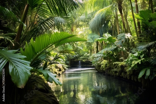 Tropical paradise with exotic ferns and palm fronds creating a verdant landscape  Generative AI