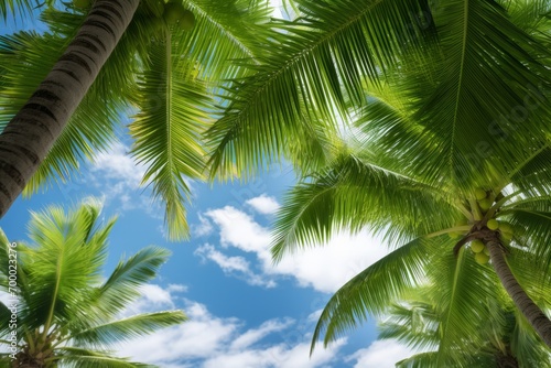 Tropical paradise with lush green palm leaves swaying in the breeze, Generative AI