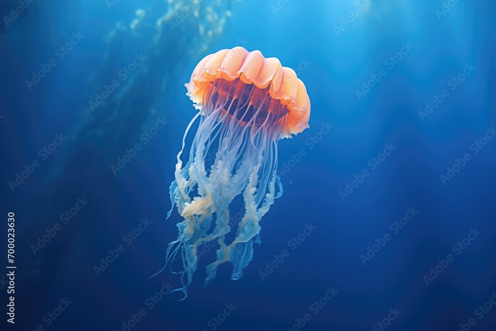 jellyfish with translucent tentacles in deep blue water jellyfish with translucent tentacles in deep blue water