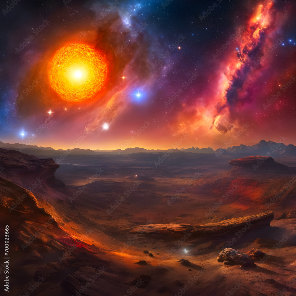 sunset over the desert A distant spiral galaxy with a black hole Generative Ai Illustration