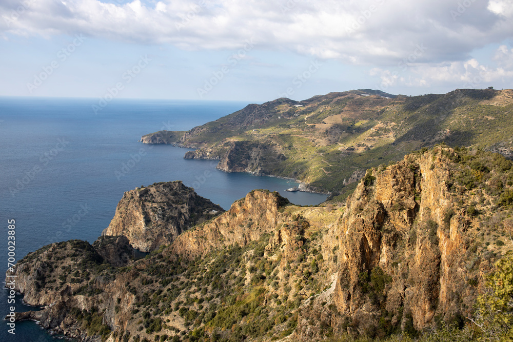 view of the blue sea and mountain landscape. View from a drone.Seascape of Turkish Aegean coast