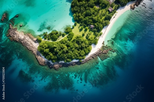 ird's-eye view of a tropical island covered in lush, emerald-green foliage, Generative AI