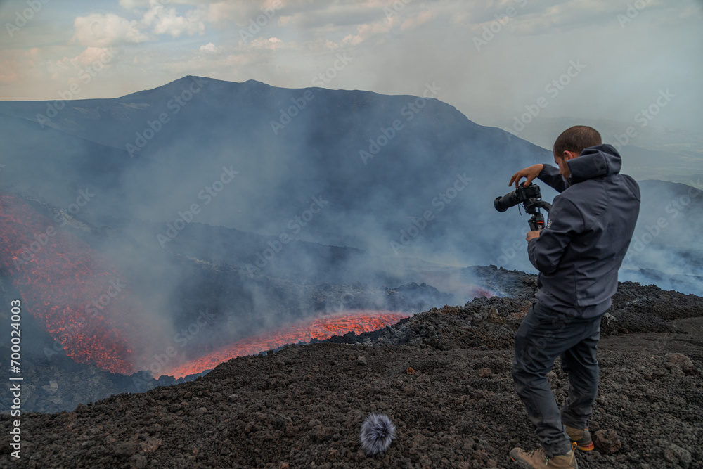 Eruptive vent with lava emis at the top of the Etna volcano