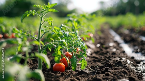 Close-up view of mature tomato seedlings in a field, meticulously planted in neat rows and accompanied by an automatic watering system for efficient cultivation. photo