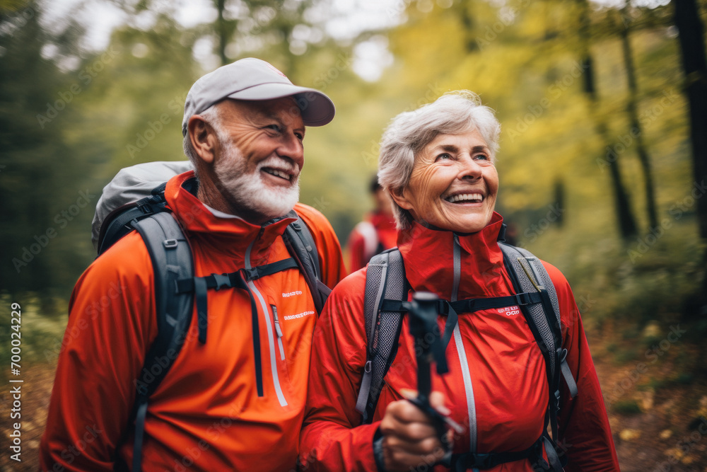 elderly couple in red clothes on an active walk in the fresh air