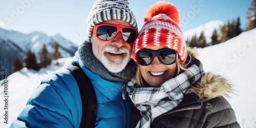 Photo of American middle aged couple on ski vacation in the Alps copy space