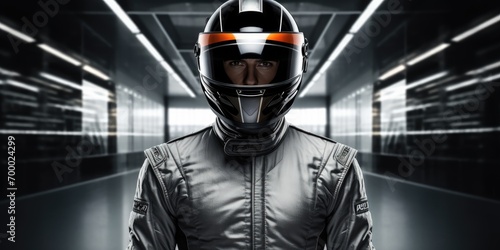 Portrait of F1 driver wearing helmet, formula one pilot standing on race track after competition copy space  photo