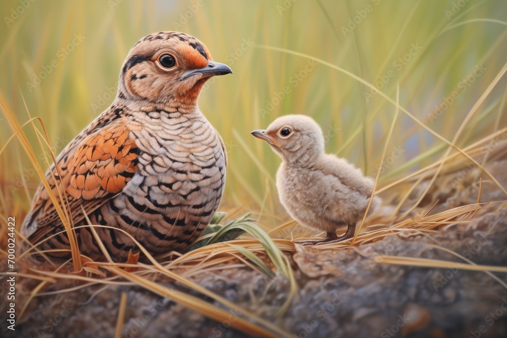nightjar with chick on patchy grass nightjar with chick on patchy grass