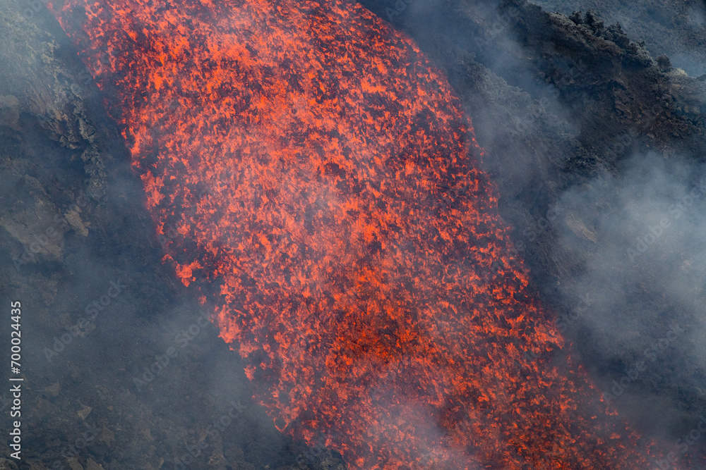 Eruptive vent with lava emis at the top of the Etna volcano