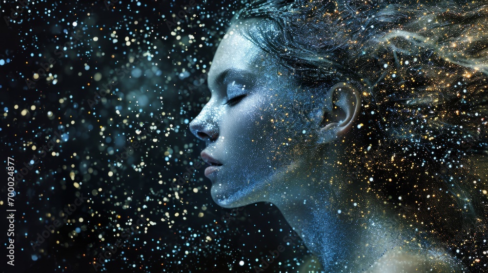 Portrait of a young girl with elements of glowing particles and stars. Sparkling glitters on a face. Magic portrait