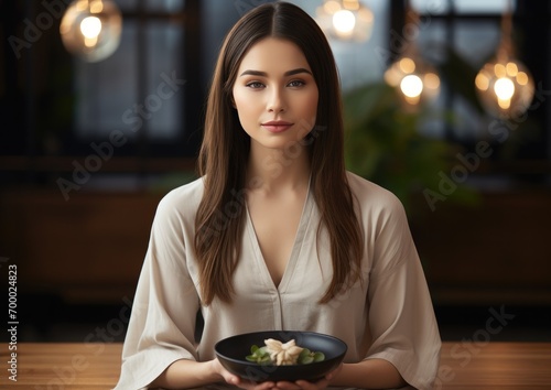 beauty woman holding a bowl of food  Japanese restaurant