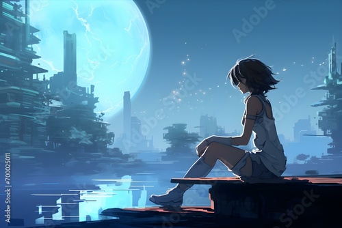 Woman Sitting Outside Against the Futuristic City Scene in the Background.
