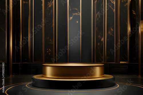 Black and gold podium for product presentation on black background. Luxury concept. Generative AI 