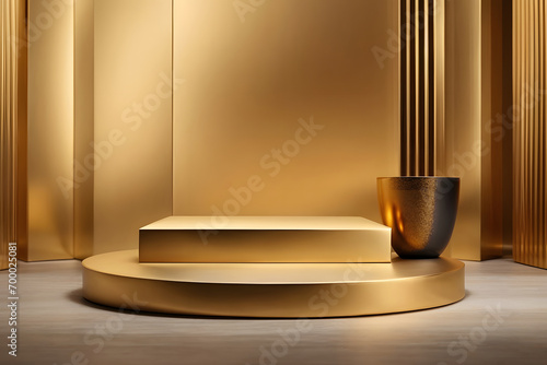 3d render  abstract minimal geometric forms. Glossy golden luxury podium for your design  cosmetic product display. Generative AI 