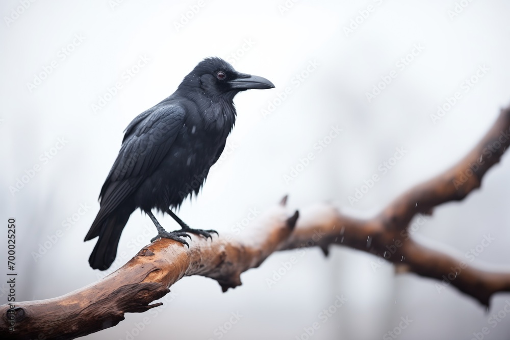 raven perched on a branch in foggy conditions raven perched on a branch in foggy conditions