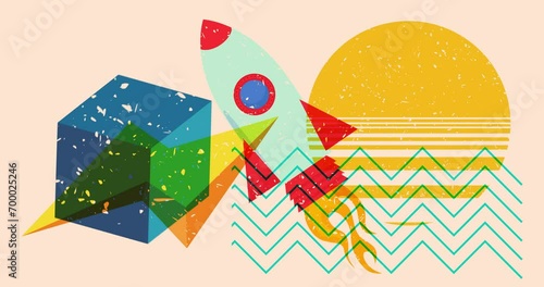 Risograph Rocketship with geometric shapes animation. Moving Spaceship and object in trendy riso graph design video. photo