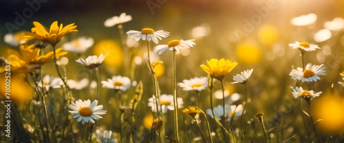 Banner, Canto della Primavera- Fiori Gialli e Margherite in un Paesaggio Affascinante al Sole, Banner, Song of Spring- Yellow Flowers and Daisies in a Fascinating Landscape in the Sun
