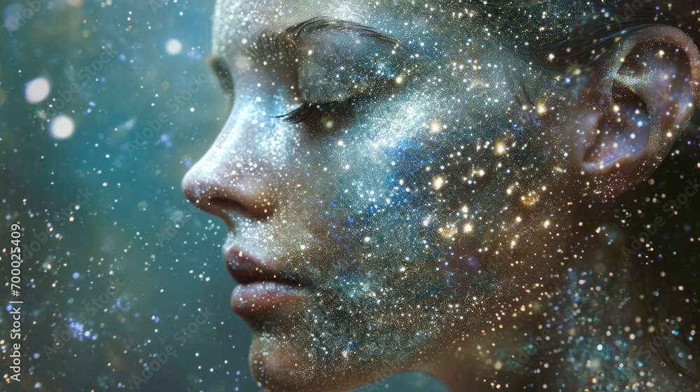 Portrait of a young girl with elements of glowing particles and stars. Sparkling glitters on a face. Magic portrait