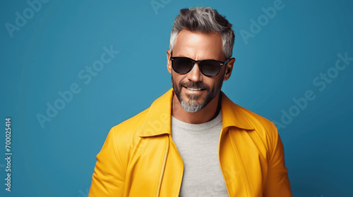 Portrait of charming mature man true boss feel content emotions wear yellow shirt isolated over blue color background 