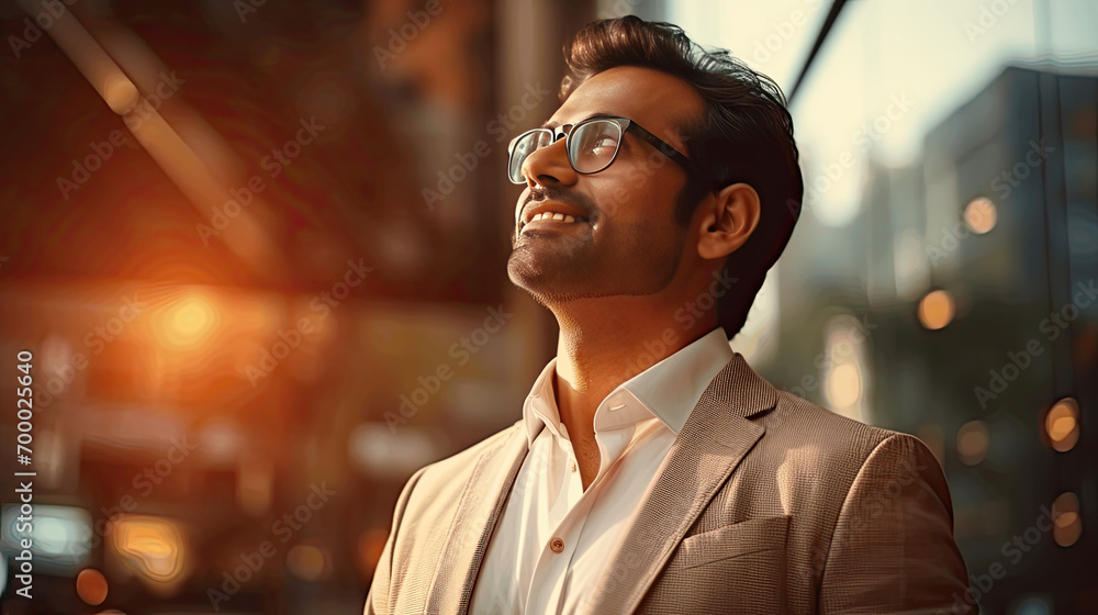 Fototapeta premium Happy wealthy rich successful indian business man standing in big city modern skyscrapers street on sunset thinking of successful future vision 
