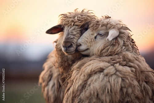 sheep in woolly embrace during dusk