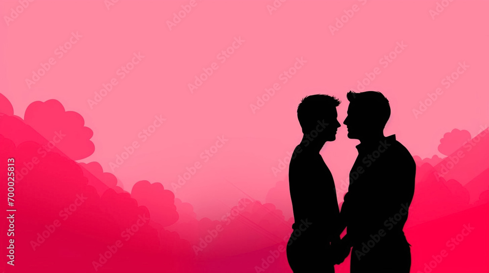 copy space, simple vector illustration, silhouette of a gay male couple hugging, valentine's poster, red and pink tones. Beautiful background or for valentine’s day. Beautiful background. Valentine’s 