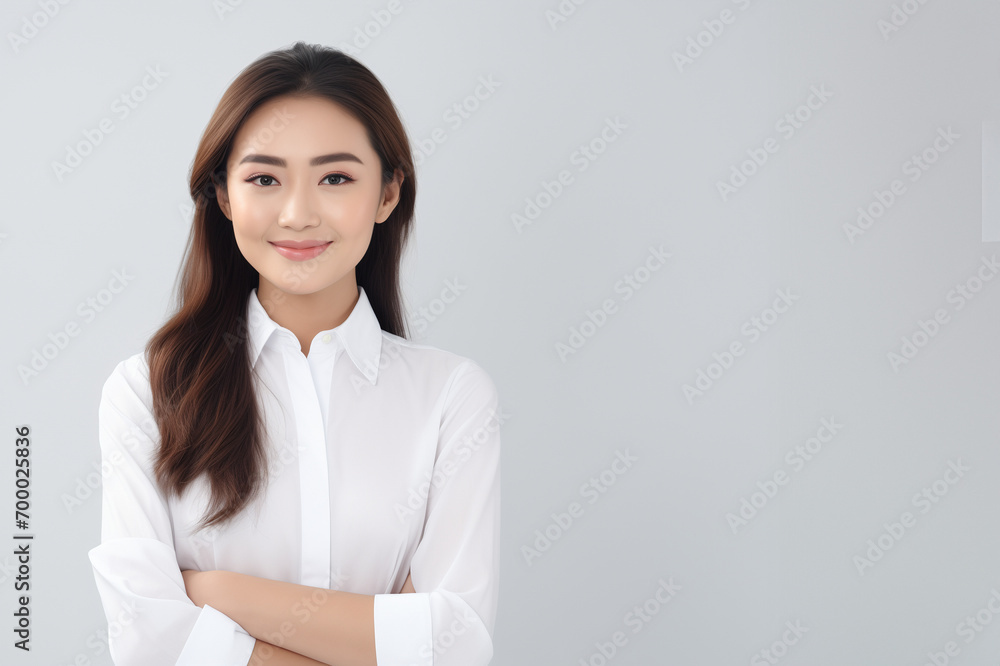 Portrait of young asian business woman confident smiling, wearing business suit, elegant professional, standing pose arms crossed, studio isolated white background with copy space, banner, sale Portrait of young asian business woman confident smiling, wearing business suit, elegant professional, standing pose arms crossed, studio isolated white background with copy space, banner, sale