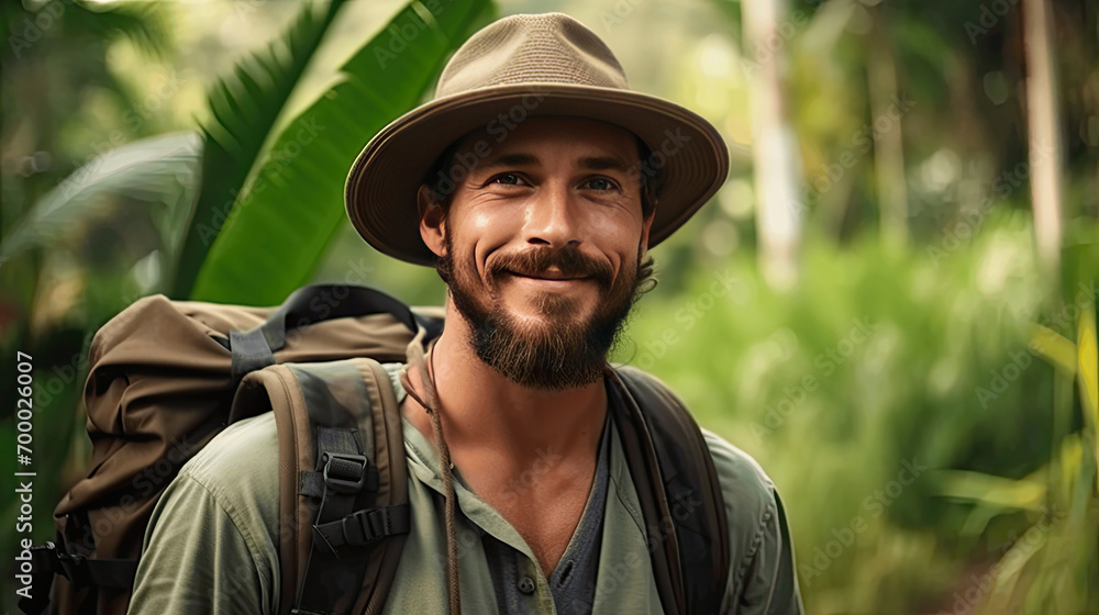 Handsome hispanic man with beard smiling happy outdoors
