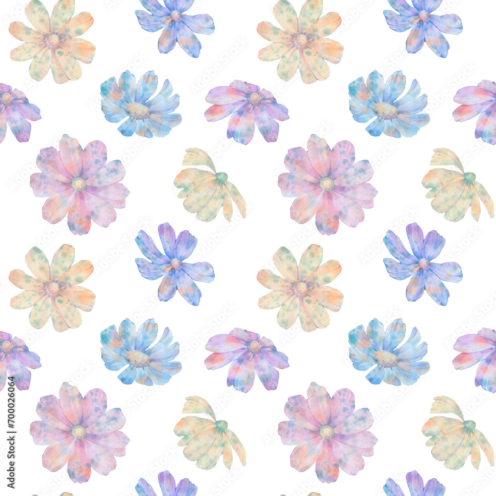 blue delicate flowers isolated on white background, seamless botanical pattern