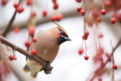 waxwing on branch arch, framing a berry photo