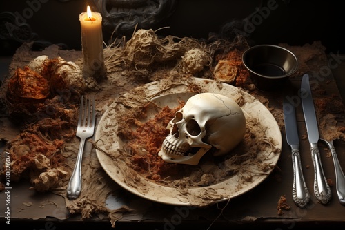 Sinister Castle Setting: Medieval Banquet with Human Skull Ornament