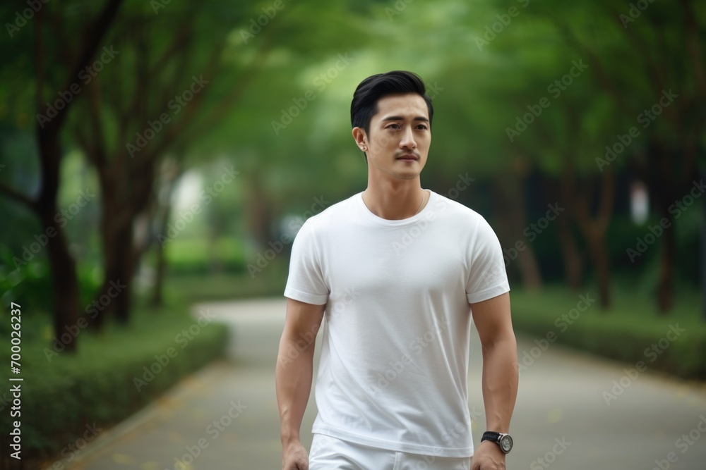 An Asian man in a white T-shirt stands in a park An Asian man in a white T-shirt stands in a park