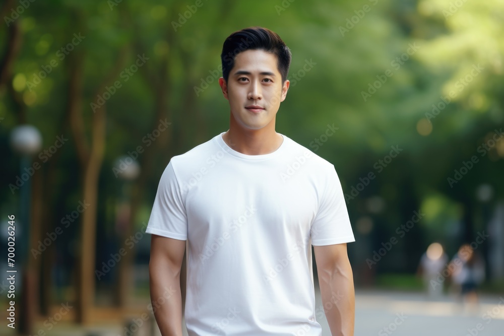 An Asian man in a white T-shirt stands in a park An Asian man in a white T-shirt stands in a park