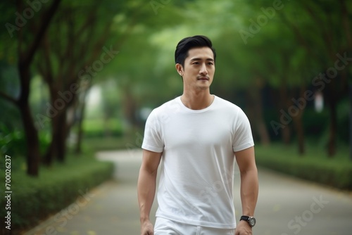 An Asian man in a white T-shirt stands in a park