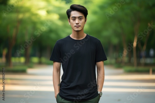 An Asian man in a black T-shirt stands in a park